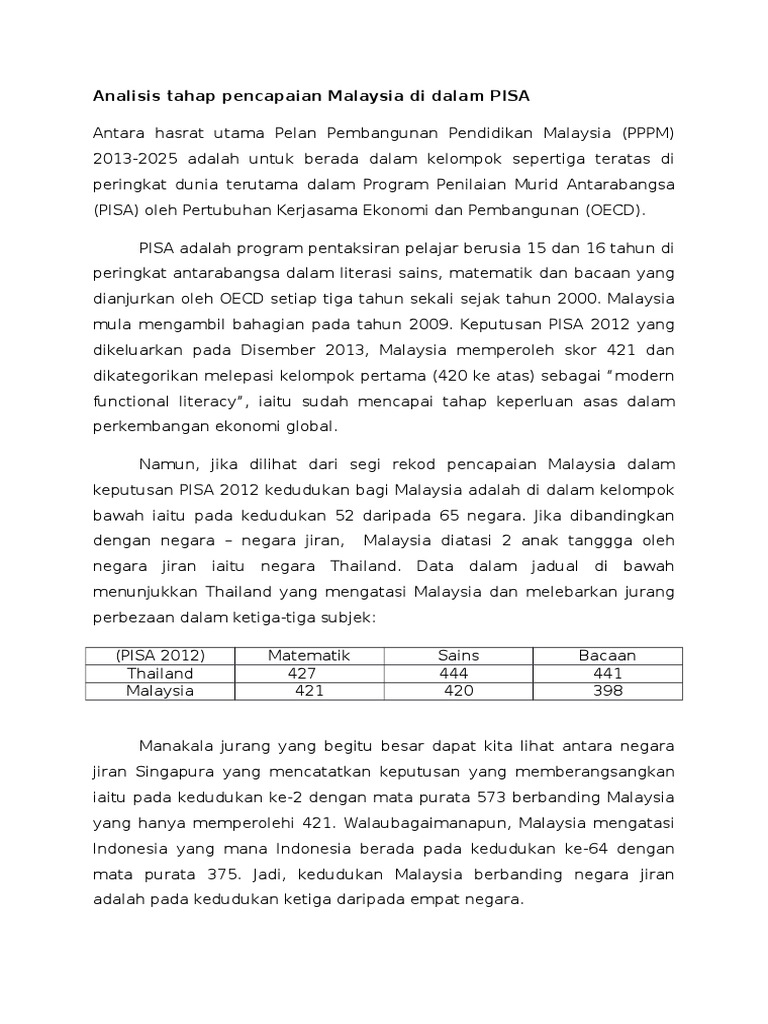 Analisis Tahap Pencapaian Malaysia Di Dalam Pisa Pdf