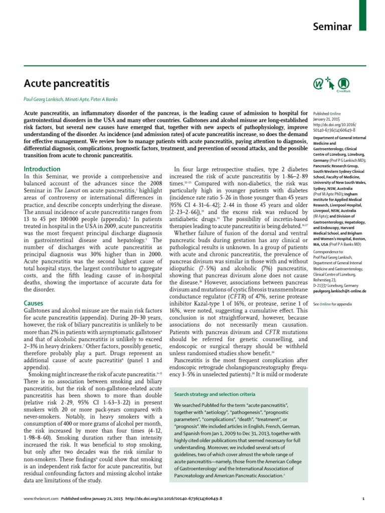 Acute Pancreatitis Lancet 2015 | PDF | Pancreas | Reactive Oxygen Species