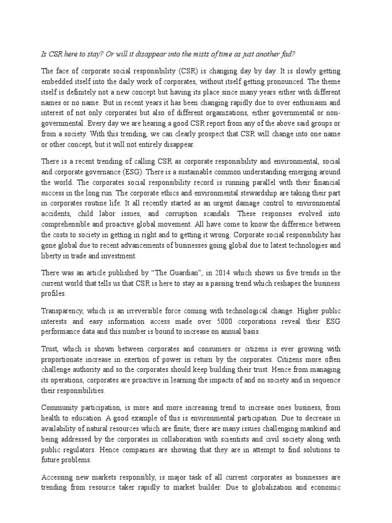 Is CSR Here To Stay | PDF | Corporate Social Responsibility | Public Sphere