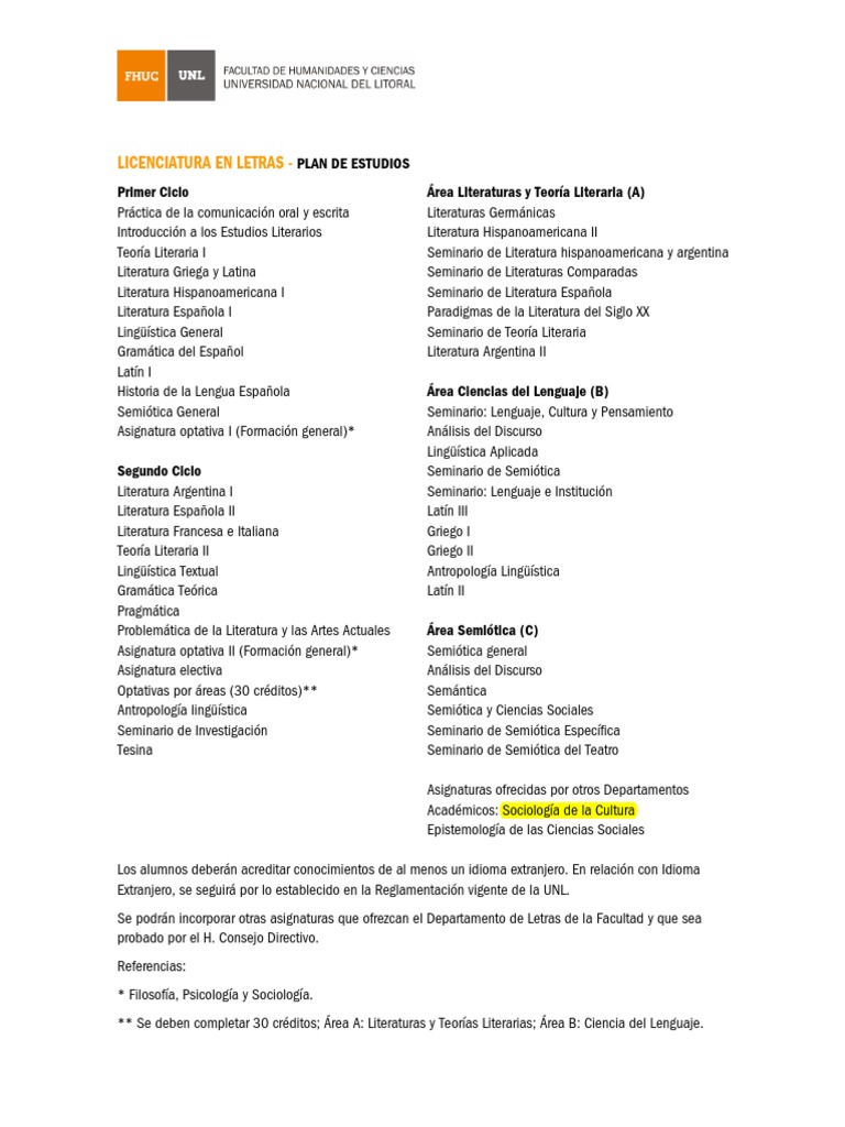 Plan de Estudios Licenciatura en Letras, UNL FHUC | PDF | Semiótica | latín