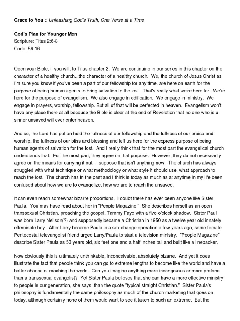 Gods Plan For Younger Men | PDF | Christian Church | Paul The Apostle