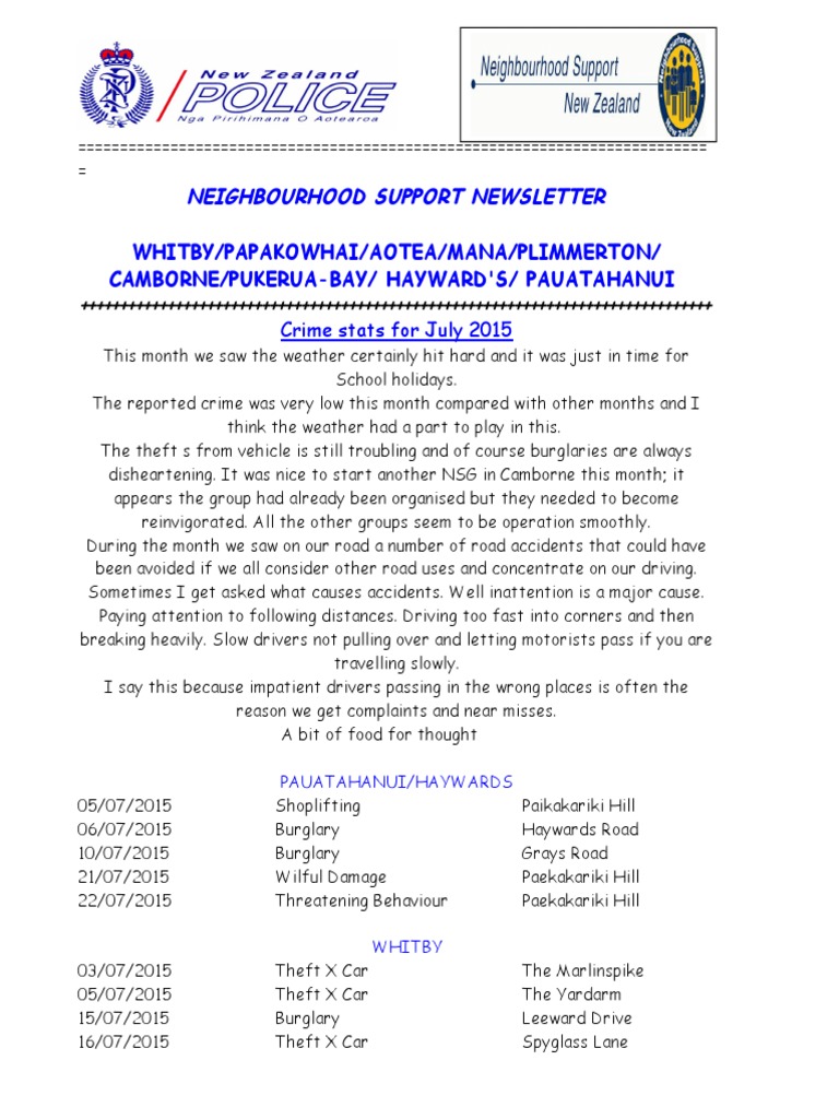 Police Newsletter July 2015 | PDF | Burglary | Restraining Order