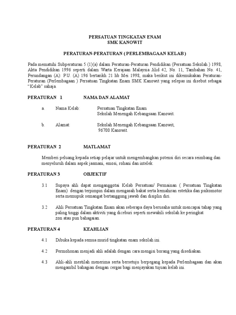 Contoh Perlembagaan Kk Persatuan Tingkatan Enam Smk Kanowit Pdf
