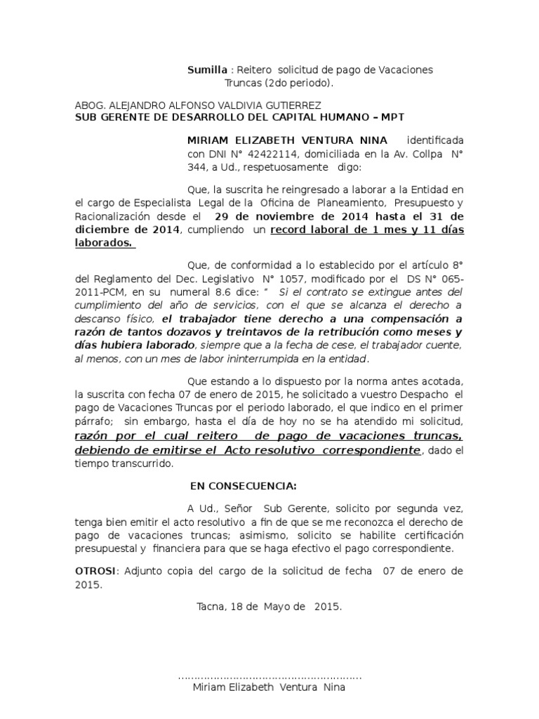 SOLICITUDreitero pago de vacaciones truncas 2° periodo