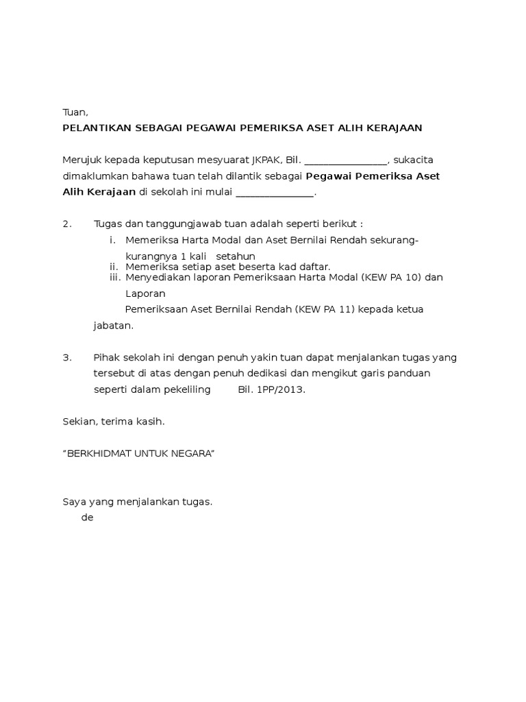 Contoh Surat Lantikan Pegawai Penerima Stor