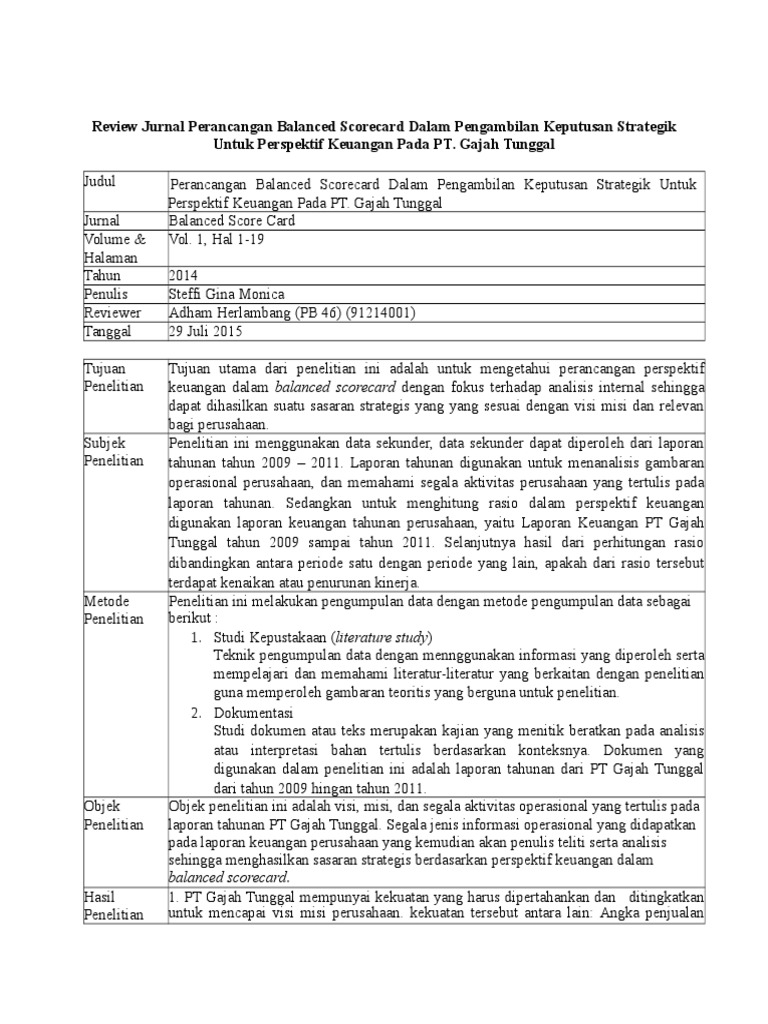 Review Jurnal Perancangan Balanced Scorecard Dalam Pengambilan Keputusan Strategik