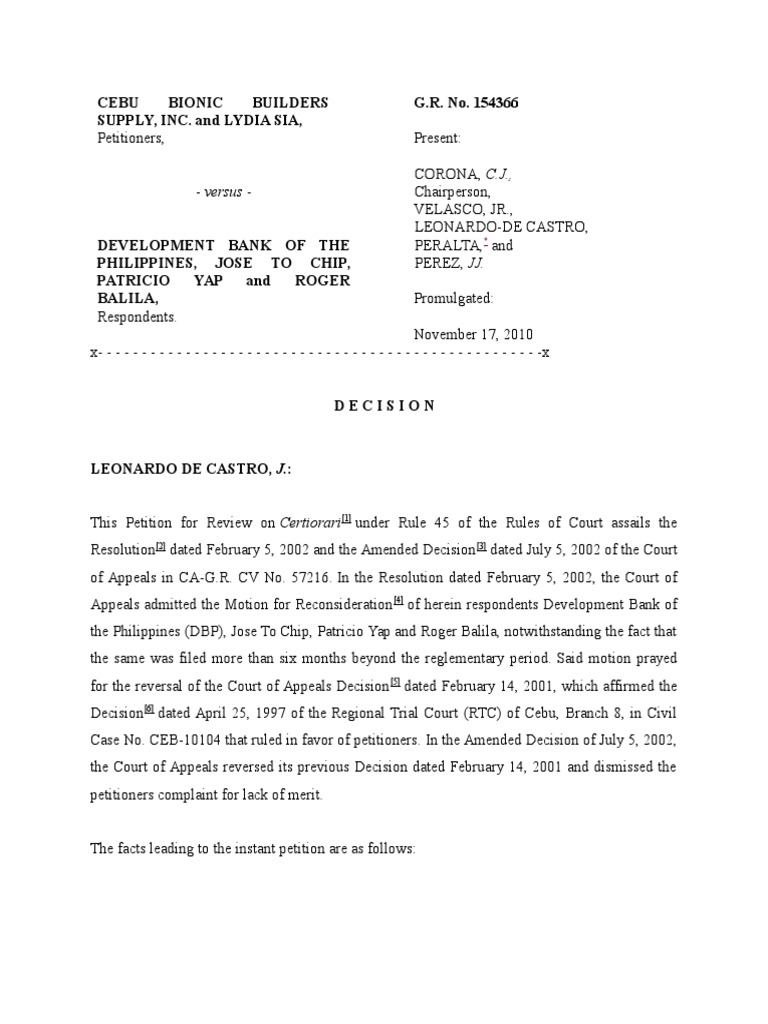 Cebu Bionic Builders Supply Vs DBP | PDF | Lease | Court Of Appeal Of ...