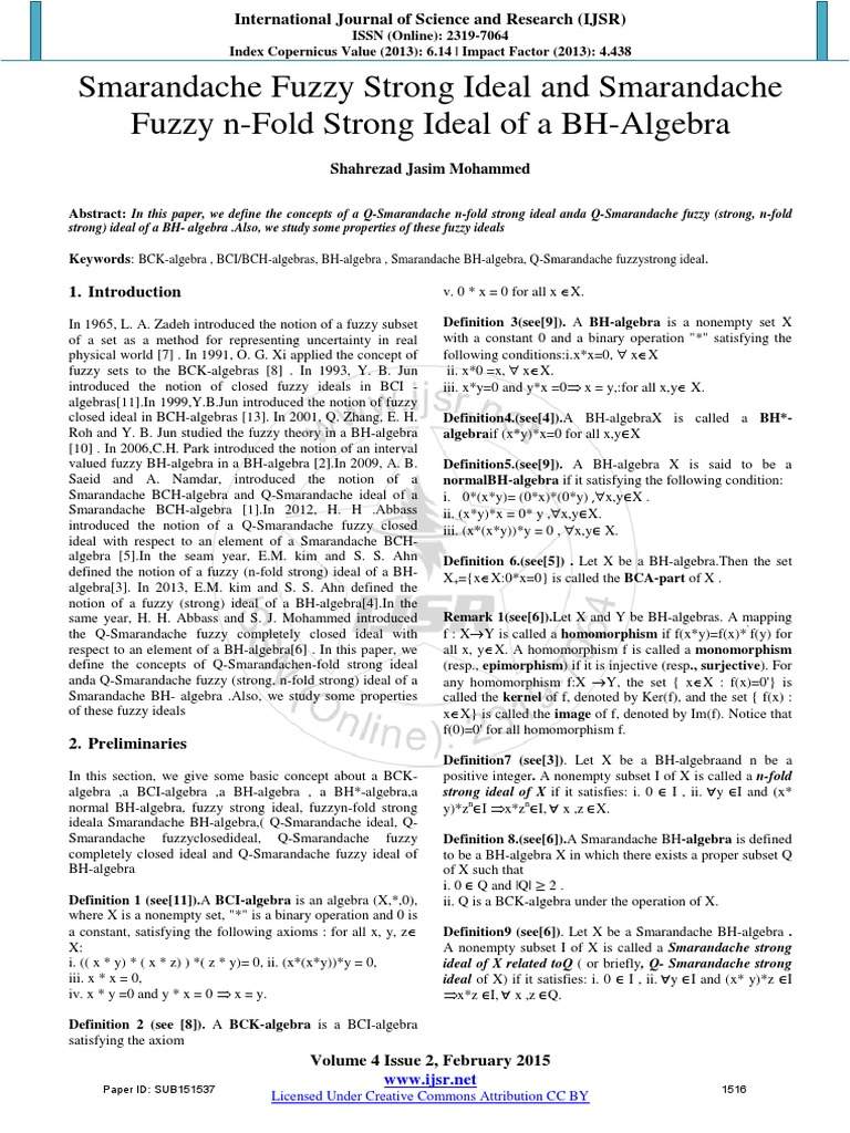 Smarandache Fuzzy Strong Ideal And Smarandache Fuzzy N Fold Strong Ideal Of A Bh Algebra Logic Mathematical Logic