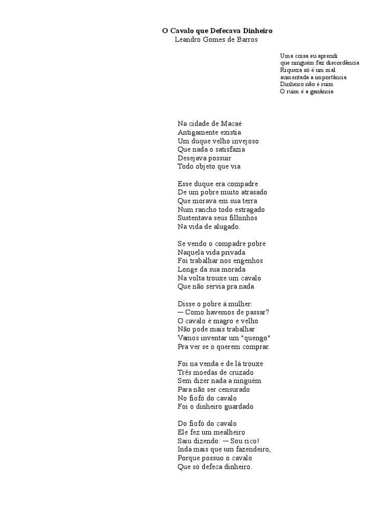Cordel-O Cavalo Que Defecava Dinheiro-Leandro Gomes de Barro | PDF ...