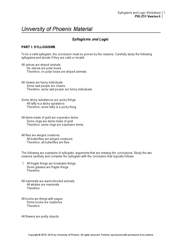Phl251r6 W3 Syllogisms and Logic Worksheet | Argument | Inductive Reasoning