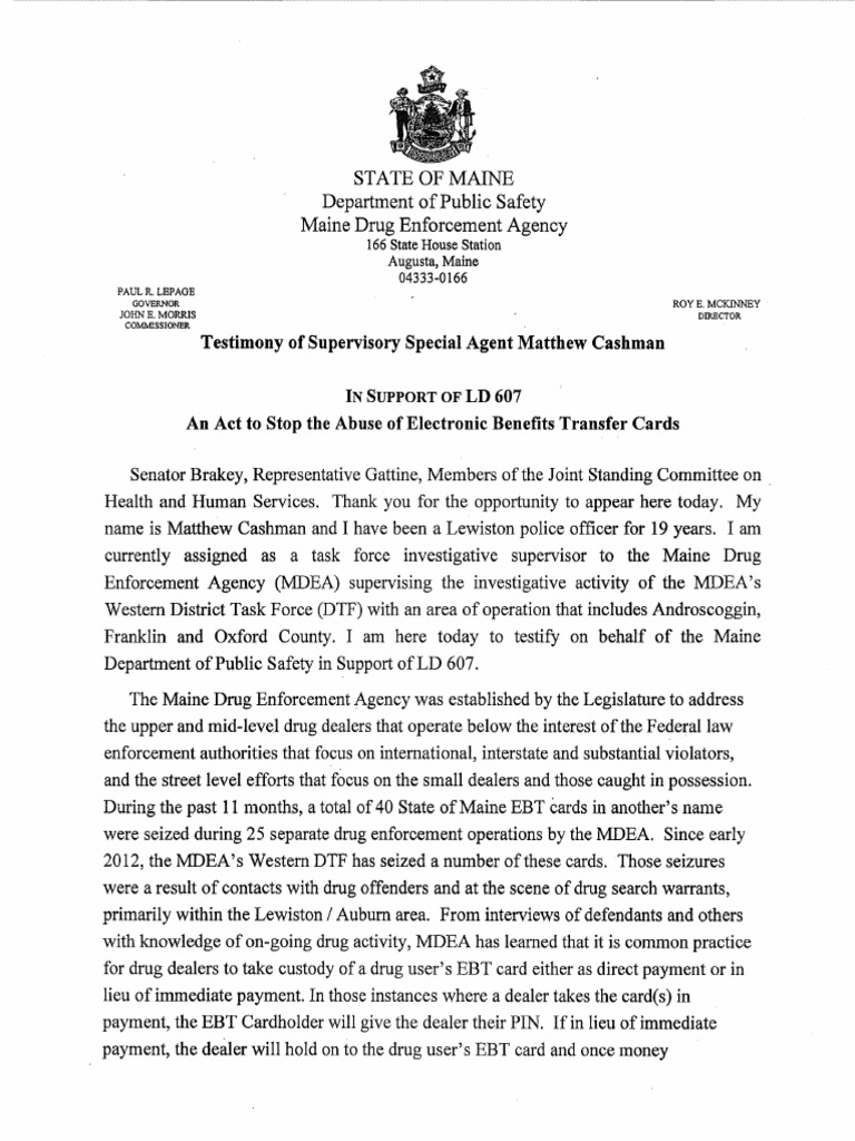 Testimony of Matthew Cashman, Maine DEA On Use of EBT Cards in Drug