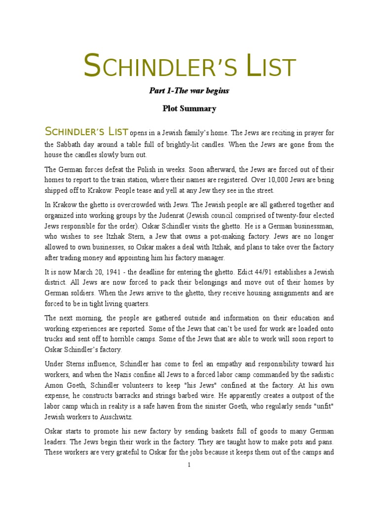 Schindler's List Plot 1 PDF Nazi Germany World War II