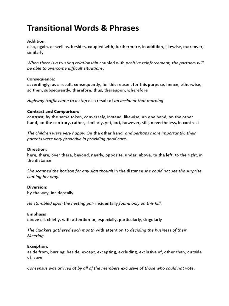 Essential Transitional Words Guide | PDF | Cognition