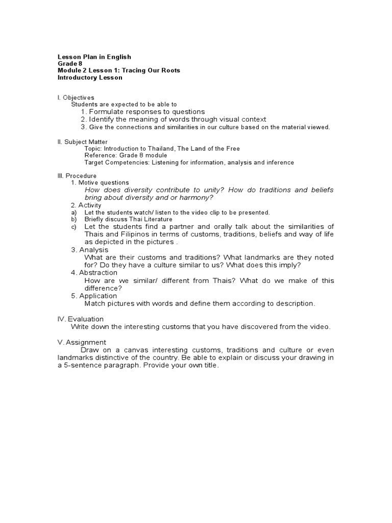Lesson Plan in English Grade 8 | Traditions | Lesson Plan