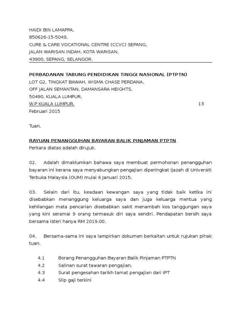 Surat Penangguhan Ptptn Pdf