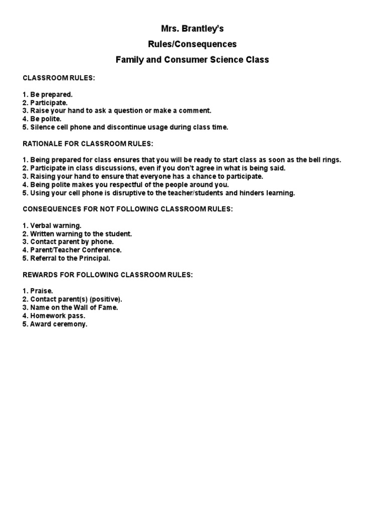 Classroom Rules and Consequences Guide | PDF