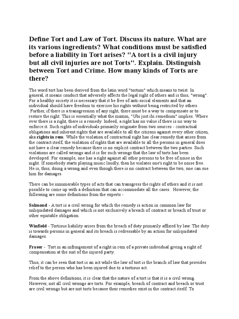 Define Tort and Law of Tort Tort Damages