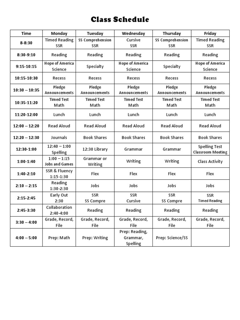 Weekly Class Schedule Overview | PDF | Language Arts & Discipline ...
