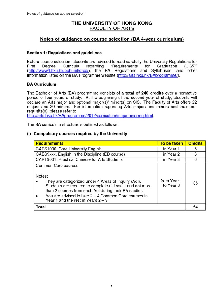 HKU BA Course Selection Guide | PDF | Bachelor Of Arts | Curriculum