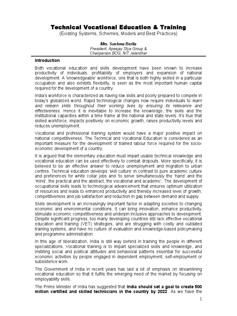 Technical Vocational Education & Training: (Existing Systems, Schemes ...
