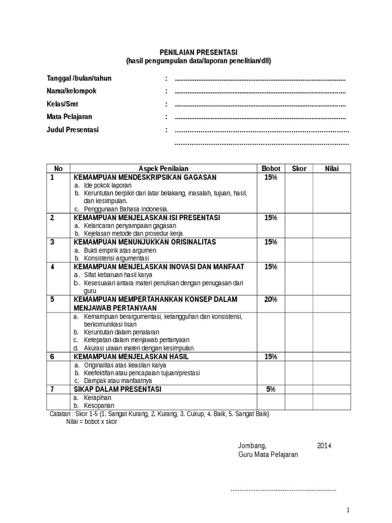 Contoh Format Penilaian Presentasi PDF