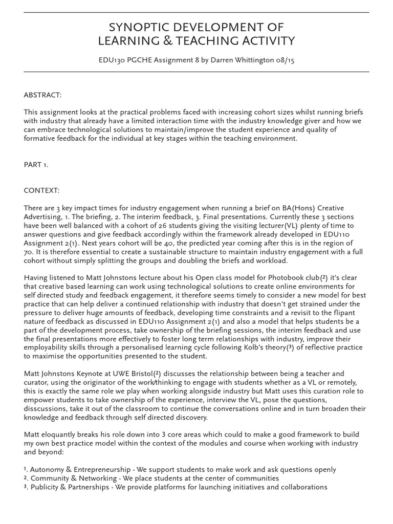Synoptic Development of Learning & Teaching Activity | PDF | Tutor ...