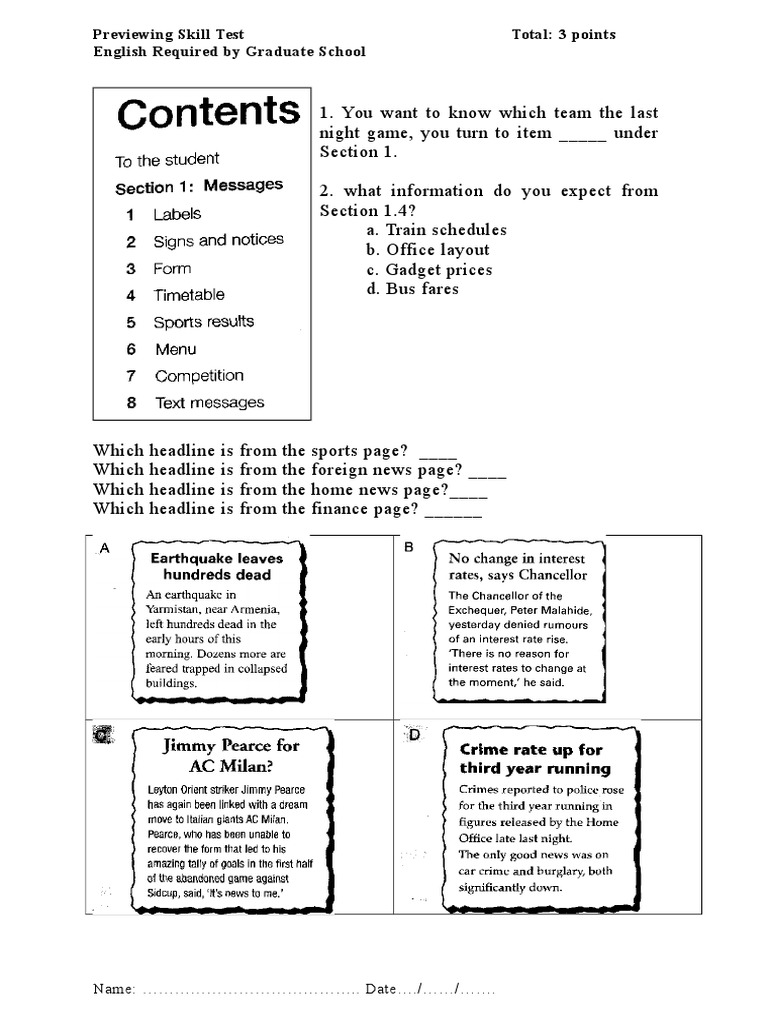 Previewing Skill Test Total: 3 Points English Required by Graduate ...