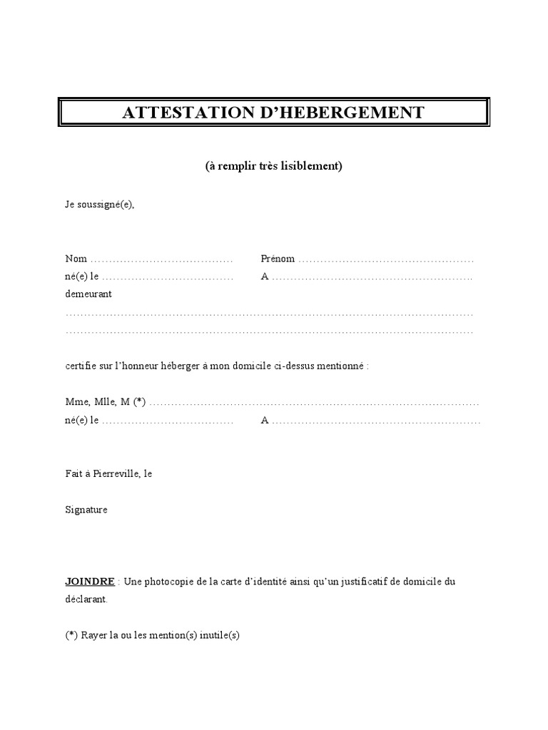Attestation D'hebergement (À Imprimer) | PDF | Gouvernement et identité ...