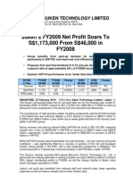 Juken Technology Limited FY2009 Net Profit Soars To S$1,173,000 From S$46,000 in FY2008 - 230210