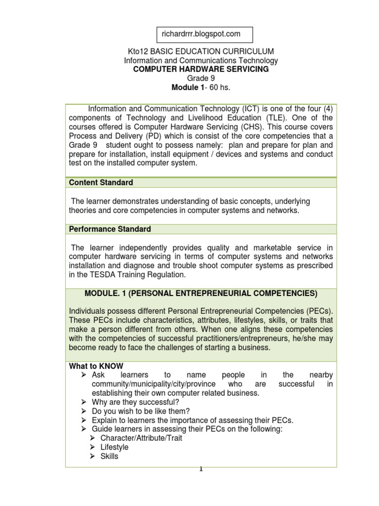 Grade 9 Computer Hardware Servicing Guide | PDF | Educational ...