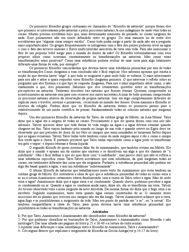 Filósofos da Natureza: Tales, Anaximandro e Anaxímenes | PDF | Science ...