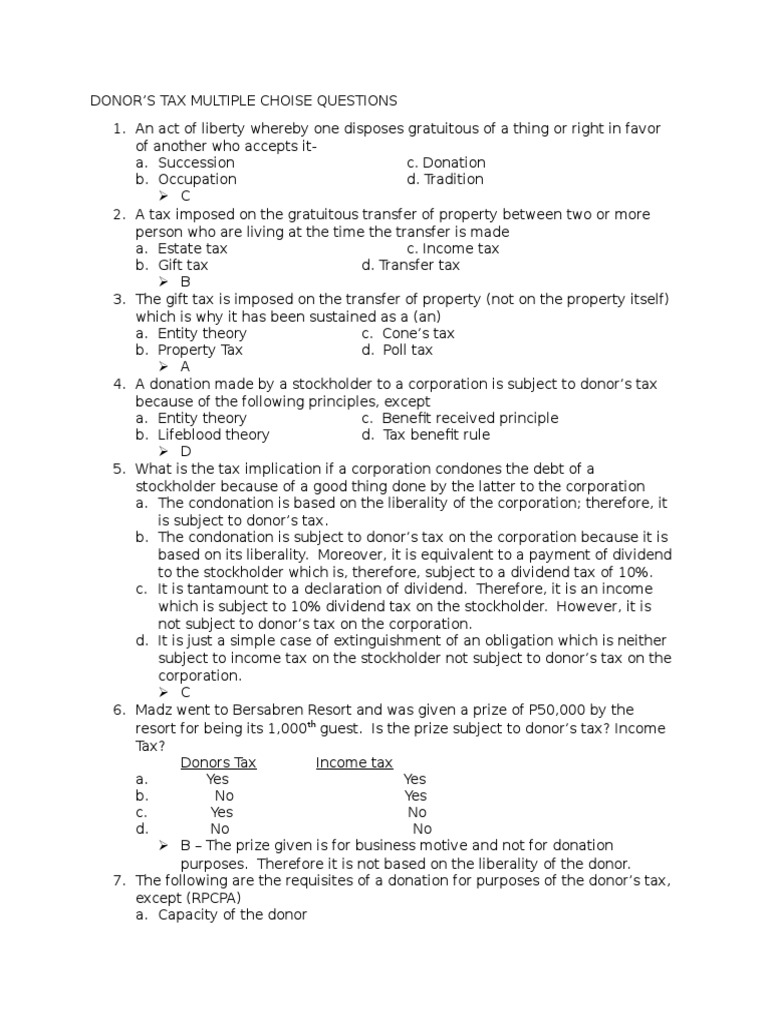 DONOR s Tax Multiple Choice Question PDF Estate Tax In The United