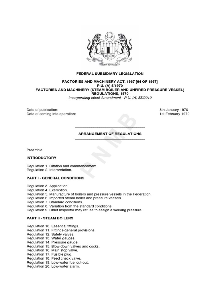 Regulation of Steam Boilers and Unfired Pressure Vessels An Overview