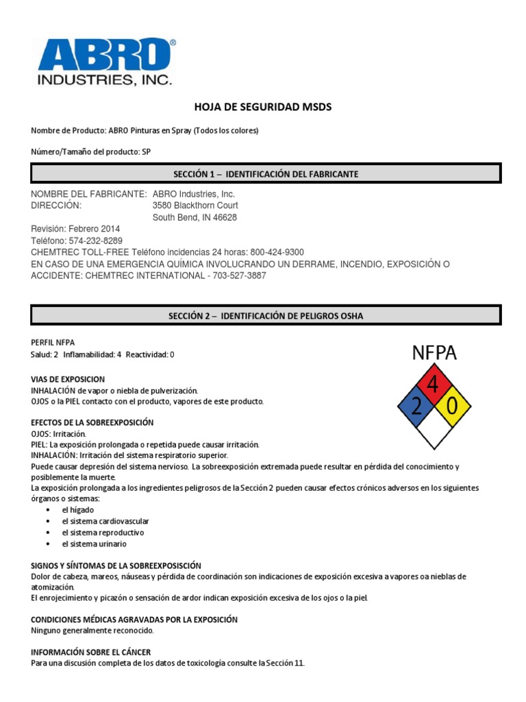 MSDS Pinturas en Spray Todos Los Colores ESP