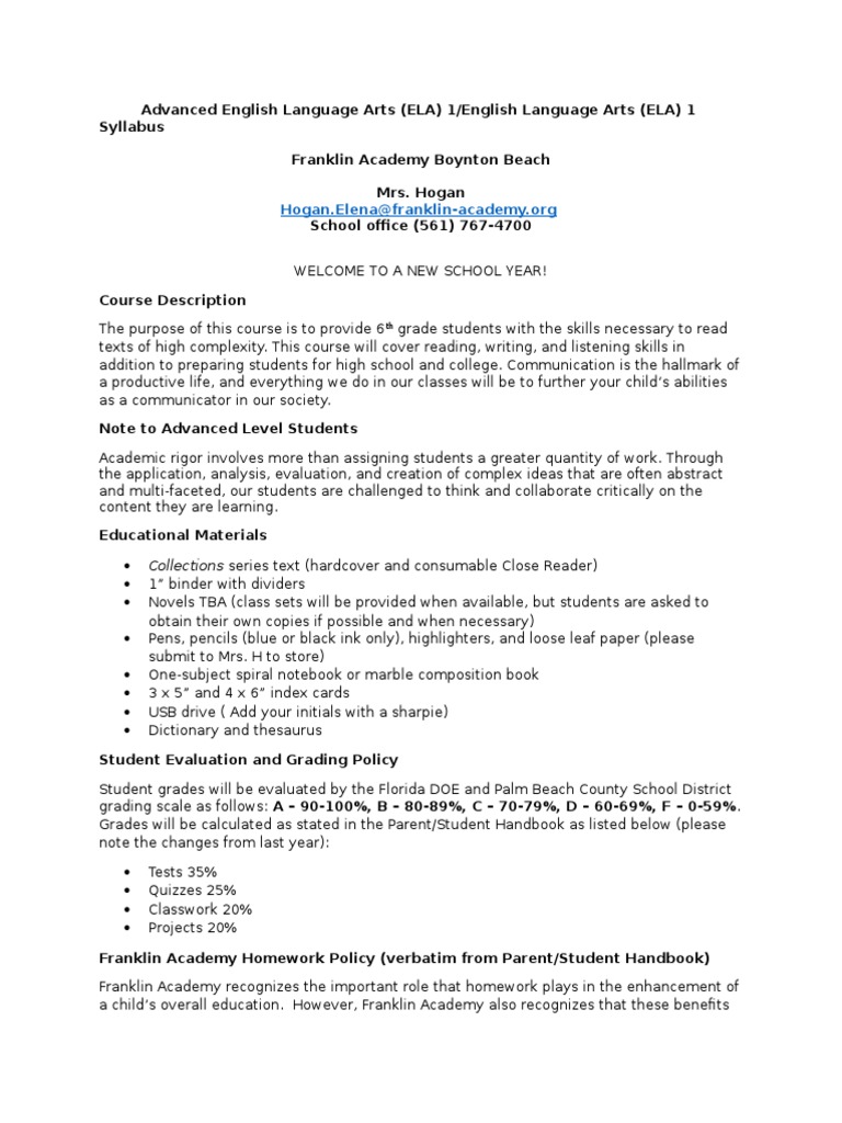 syllabus 6th grade 201516 Homework Teaching