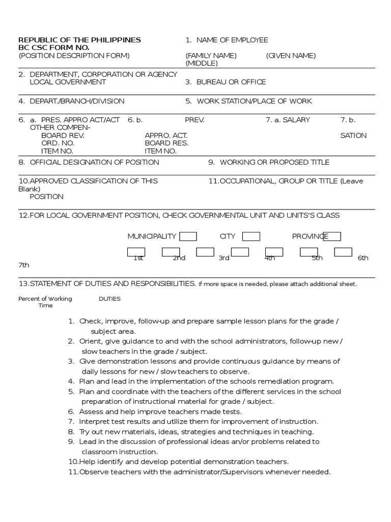 Position Description Form PDF Lesson Plan Teachers