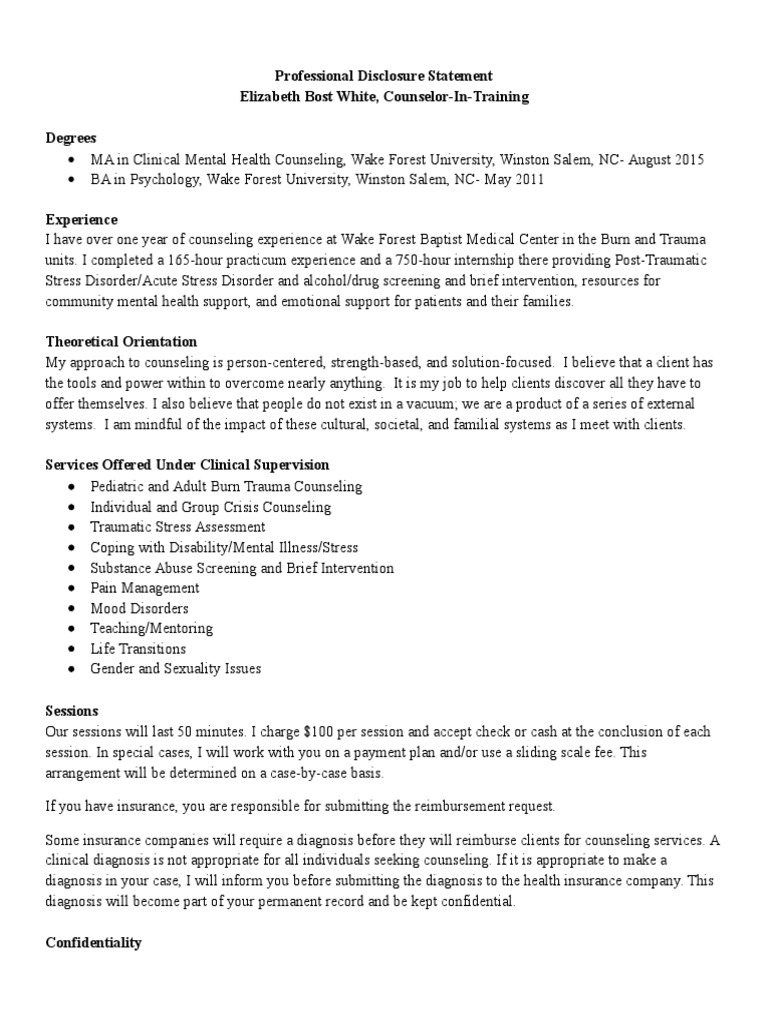 Counseling Professional Disclosure Statement | PDF | Psychological ...