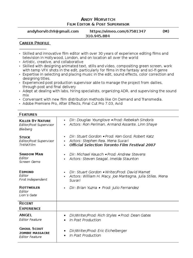 Film Editor & Post Supervisor Profile | PDF | Home & Garden | Art