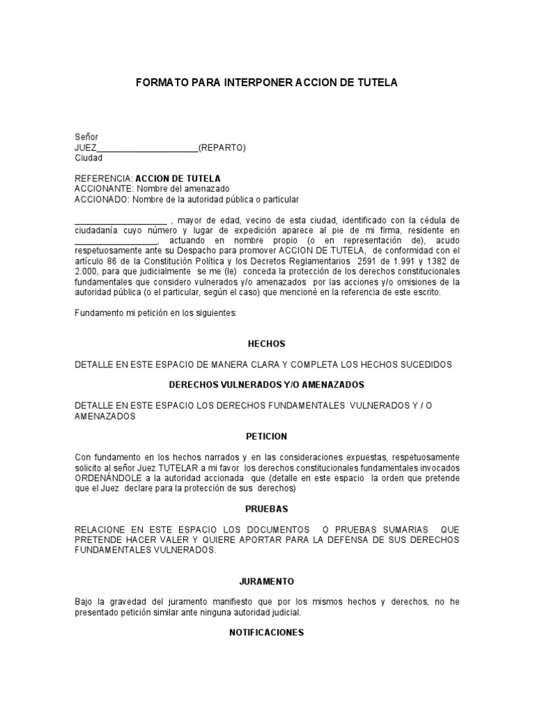 Excéntrico jugo doblado FORMATO Accion de Tutela | PDF | Derecho Constitucional | Gobierno