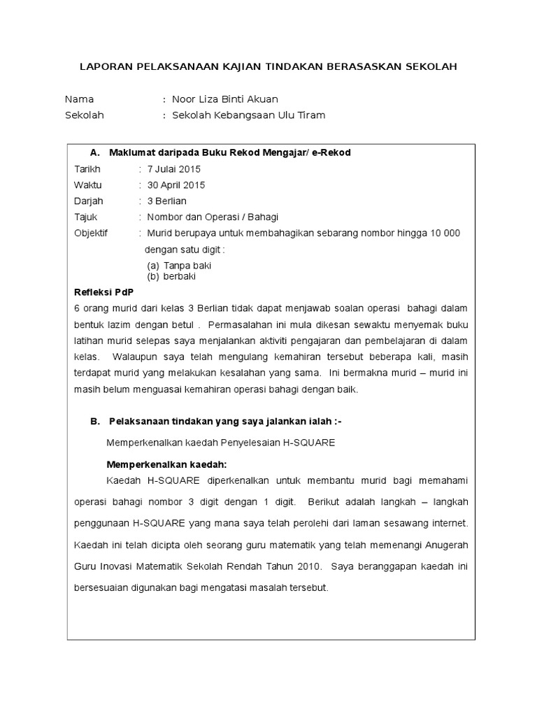 Laporan Pelaksanaan Kajian Tindakan Berasaskan Sekolah Pdf