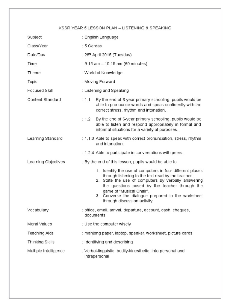 Year 5 English Listening & Speaking Plan | PDF | Lesson Plan | Cognition