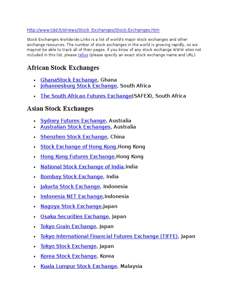 International Stock Exchanges Worldwide | PDF | Exchange (Organized Market)  | Stock Exchange
