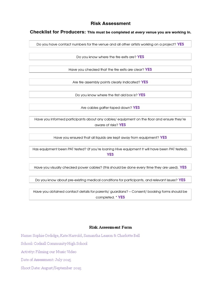 Risk Assessment Checklist for Filming | PDF | Traffic Collision | Risk