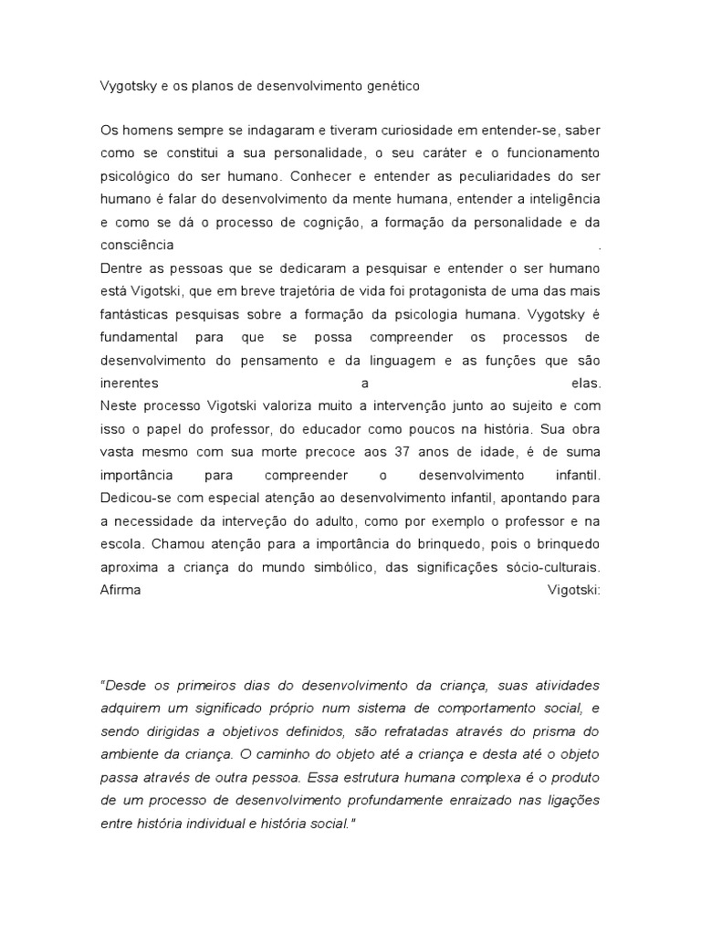 Planos Genéticos de Vygotsky | PDF | Psicologia | Homo Sapiens