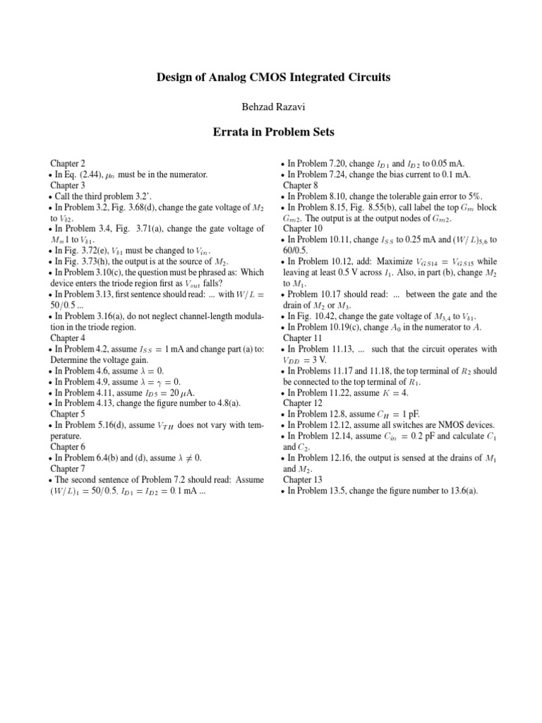 Design of Analog CMOS Integrated Circuits Errata (Behzad Razavi
