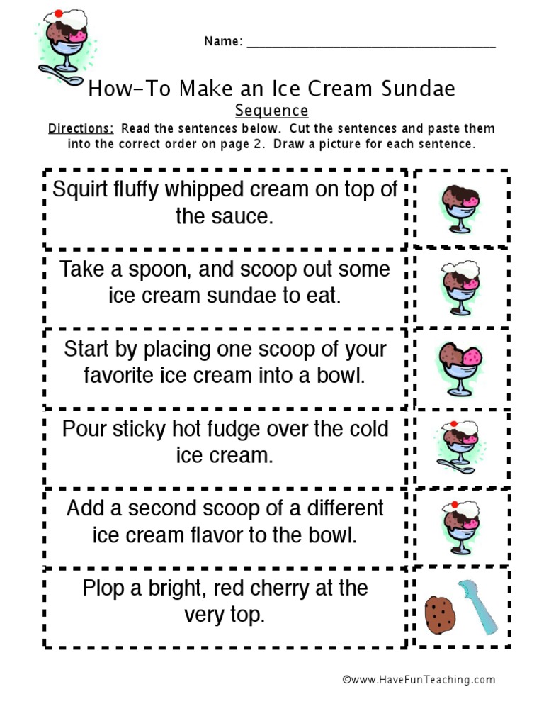 how to ice cream sundae sequence worksheet