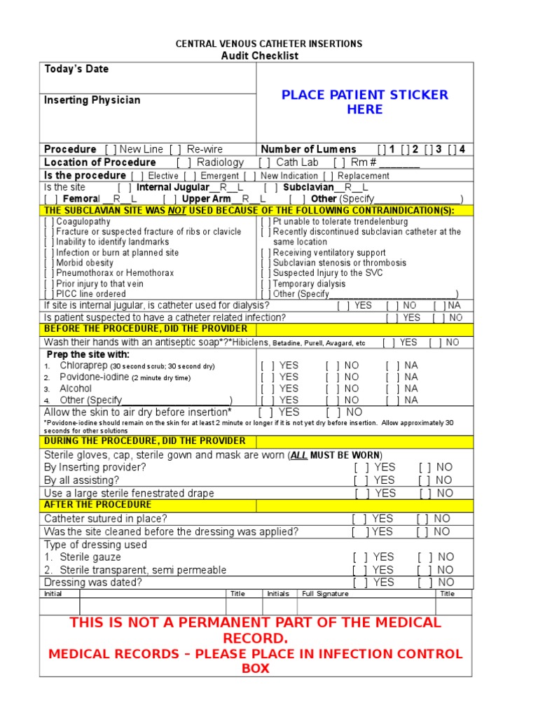 Central Venous Catheter Audit Checklist | PDF