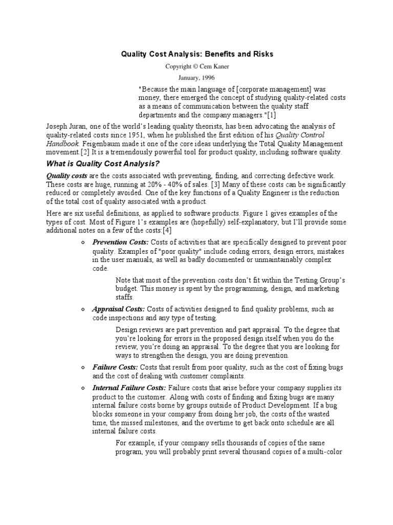 Quality Cost Analysis: Benefits and Risks | PDF | Software Testing ...