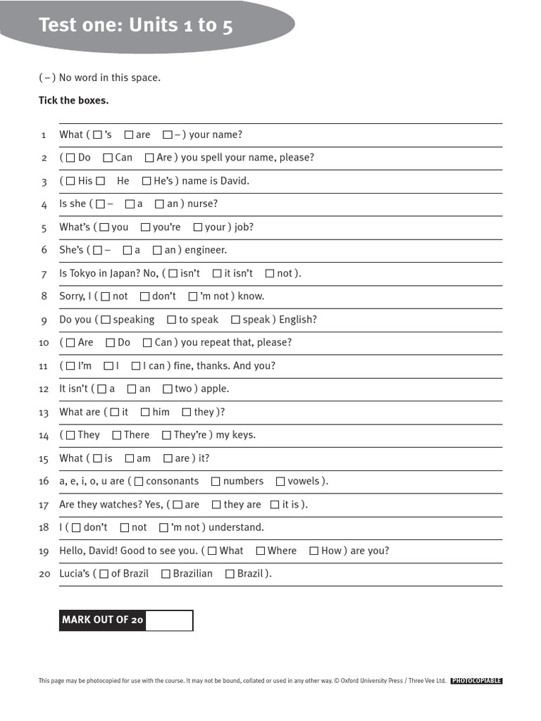 Test One: Units 1 To 5: Tick The Boxes | PDF