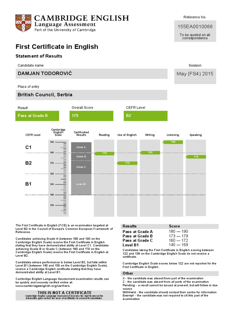 FCE Results: Damjan Todorović, Grade B | PDF